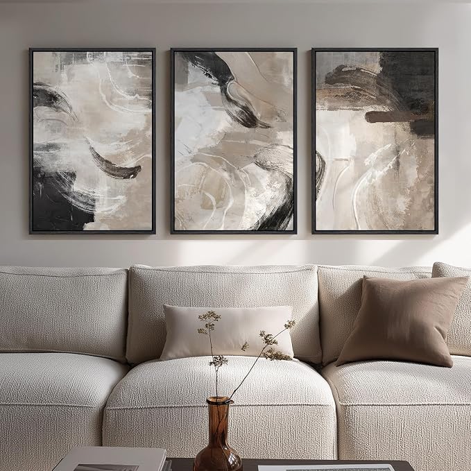 Framed Neutral Abstract Wall Art, 3 Piece Modern Minimalist Canvas Prints by Cuspin