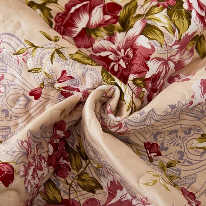 Cmfshape Summer Floral Queen Quilted Bedspread, Romantic Red Quilt Set - Image 5