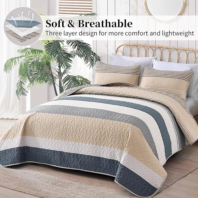 Dinjoy King Boho Striped Quilt Set, Khaki Lightweight Bedspread Bedding | Soft - Image 2