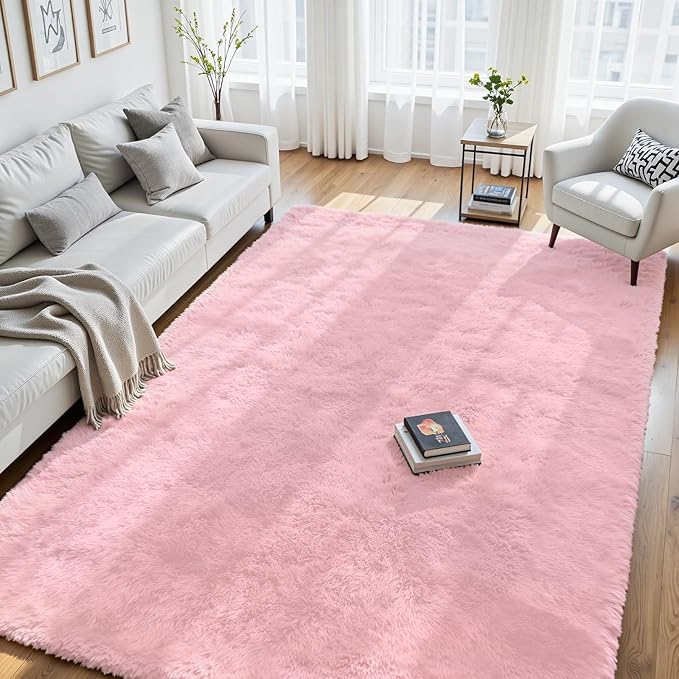 6x9 Fluffy Area Rug for Living Room: Soft Non-Slip Pink Shag Bedroom Carpet | by Oriannal