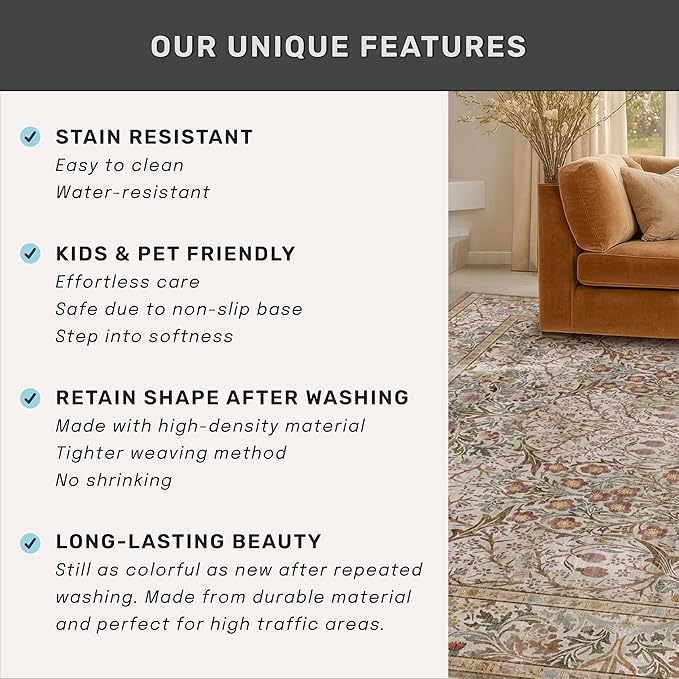 Dining Room Rugs for Under Table - 5x8 Washable Moss Green Oriental Area Rug for Living Room, Low Pile Non-Slip Floor Carpet for Bedroom - Vintage Brown Design & Stain Resistance