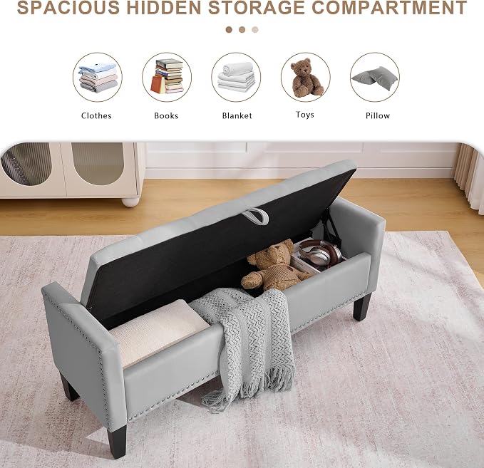 51" Storage Ottoman Bench, Velvet Large End of Bed Bench - Image 3