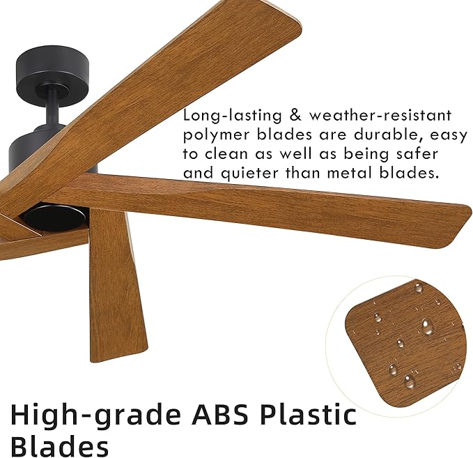 WINGBO 54" ABS DC Ceiling Fan No Light, 5 Blade Wood Grain ABS Ceiling Fan with Remote, 6-Speed Reversible DC Motor, Ceiling Fans without Light for Kitchen Bedroom Living Room, Matte Black and Walnut