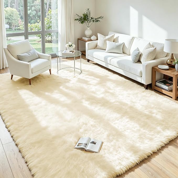 5x8 Fluffy Area Rug for Living Room: Non-Slip Cream White Bedroom Carpet | by Oriannal