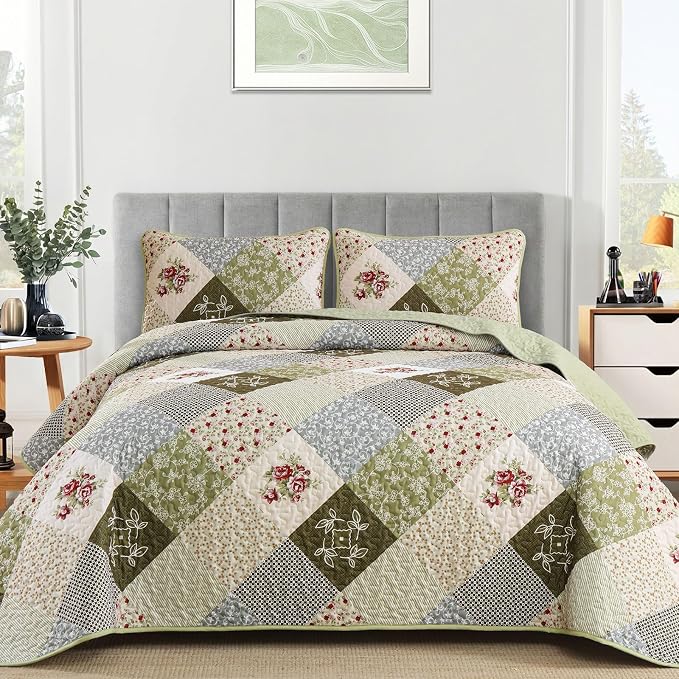 Dinjoy Patchwork Quilt Set King Size, Boho Bedding Set, Oliver Green | Soft by DINJOY