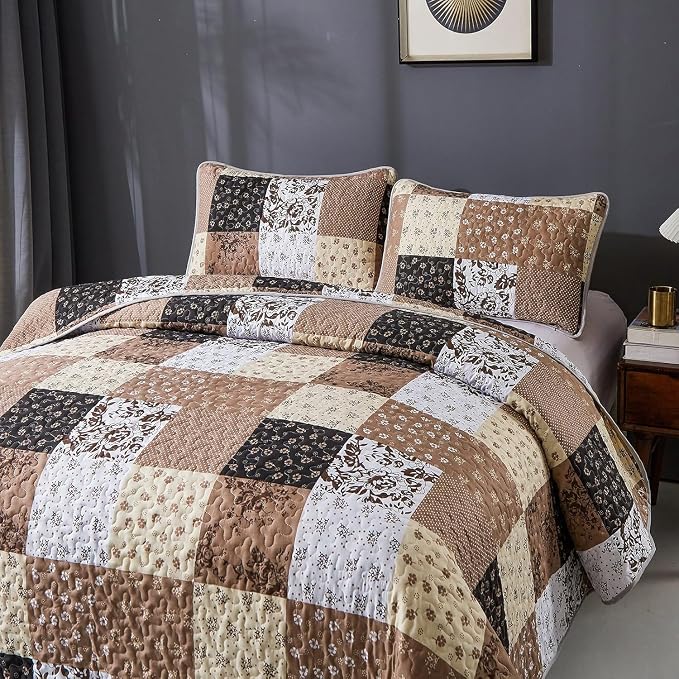 Mybedsoul Brown Quilt Set Twin Size Dorm Bedding, 2 Pieces Plaid Floral - Image 6