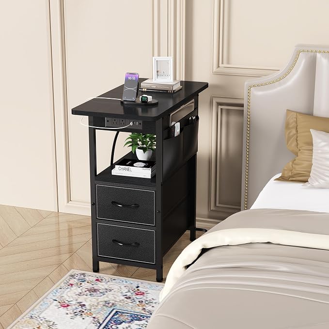 Yenlure Small Side Table with Charging Station, Narrow Nightstand Bedside - Image 2