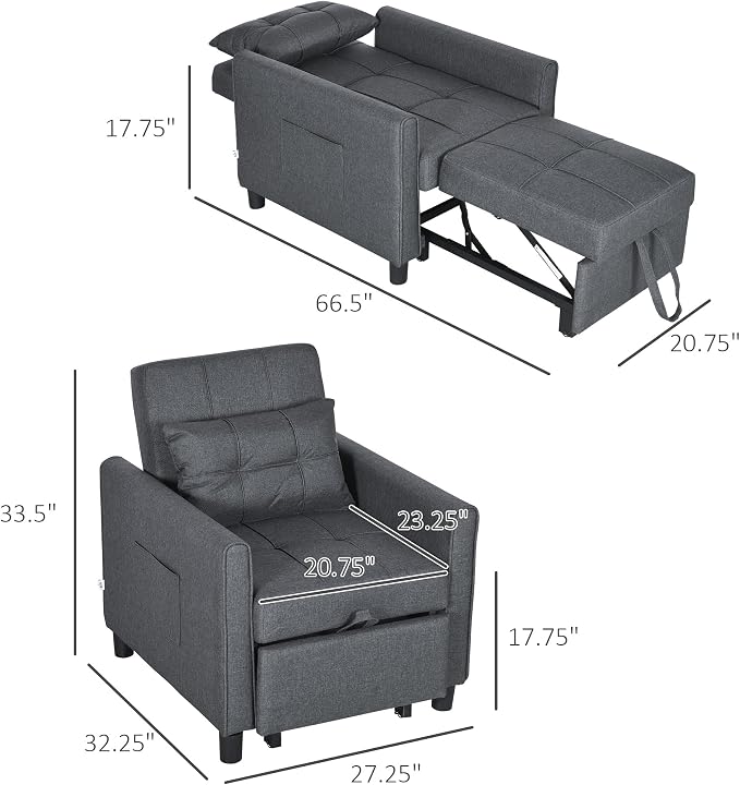HOMCOM 3-in-1 Convertible Chair Bed Sleeper Chair Single Sofa Bed Gray | Pull - Image 2