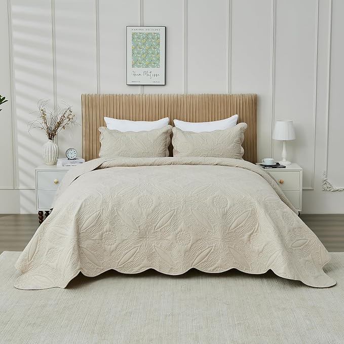 Kingnex Oversized King Bedspreads 128x120 Ultrasonic Quilted Beige | Extra Wide - Image 2