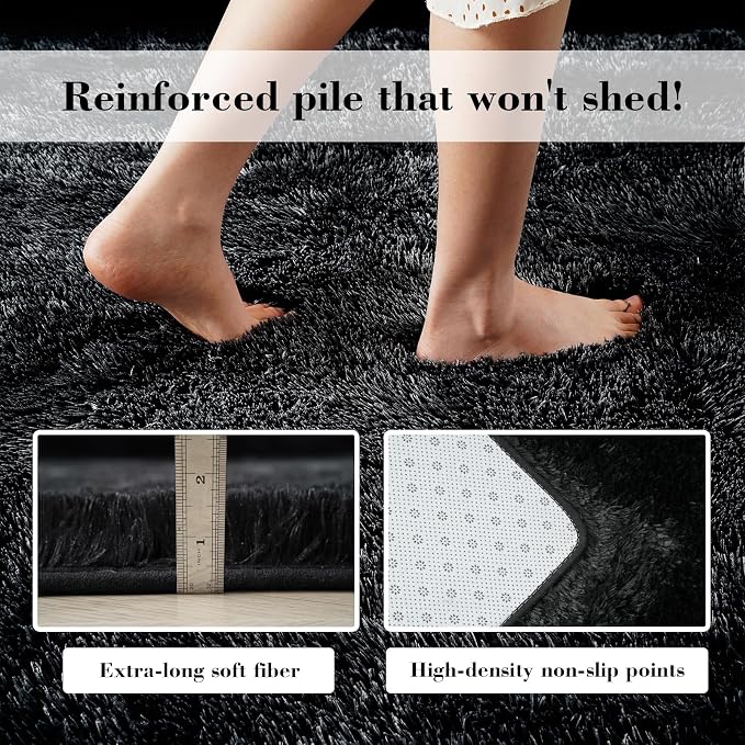 Black 8x10 Area Rugs for Living Room, Fluffy Shag Rug Large Bedroom Carpet | - Image 6