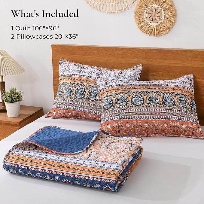 Blue Orange King Size Quilt Set, 3 Pieces Boho Striped Bedspread | Soft - Image 8