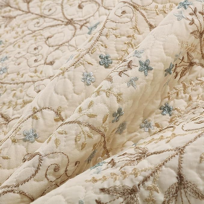 ROOMLIFE Quilt Set Queen Size 3D Floral Embroidery Pattern 3-Piece Cotton - Image 9