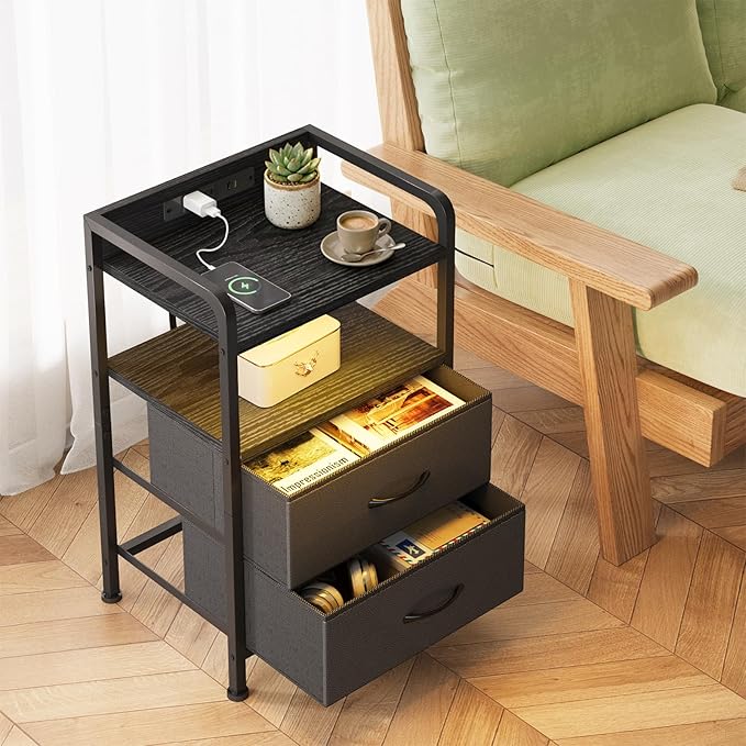 Fixwal Black Led Nightstand, Rear Charging Station, 2 Fabric Drawers | - Image 2