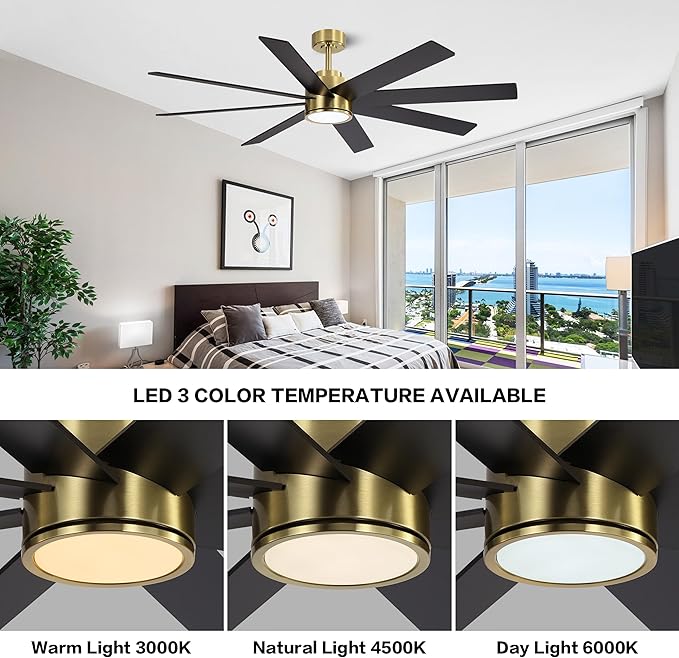 WINGBO 72" Large DC Ceiling Fans with Lights and Remote, 3 Downrods, 8 Plywood Blades, 6-Speeds Reversible DC Motor, 3CCT, Indoor Ceiling Fan for Bedroom Living Room Patio, Brass and Black