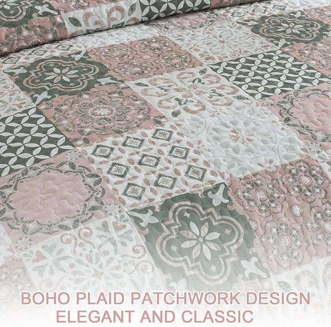 Quilt Set Queen Boho Plaid Patchwork Bedspreads Coverlet, Blush Pink | 3Pcs - Image 8