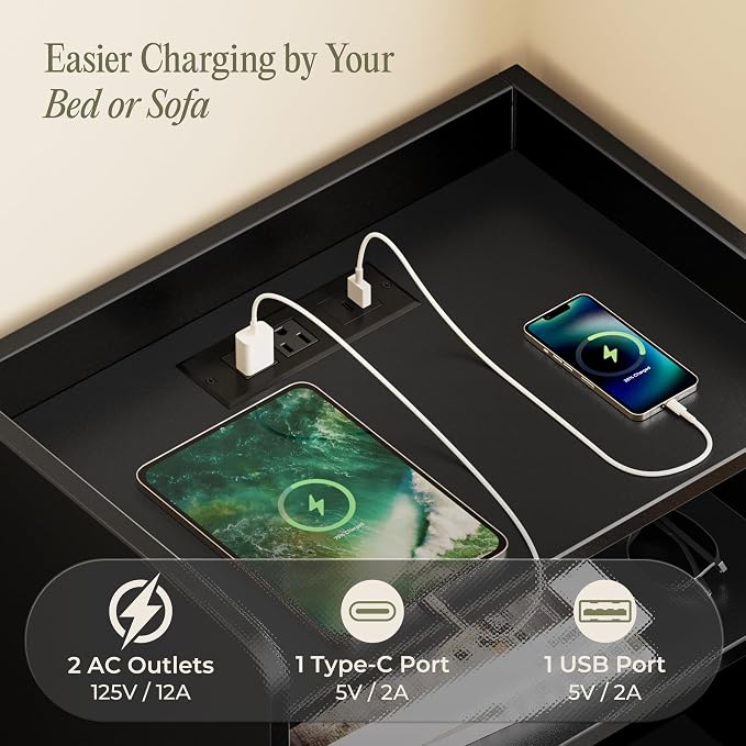 Huuger Nightstand with Charging Station, USB-C Port, End Table | Fluted Night - Image 3