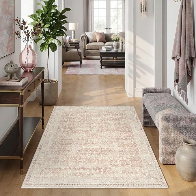 Latte&Fog Pink Rugs for Girls Bedroom, Vintage Washable 4x6 Area Rug | for - Image 3