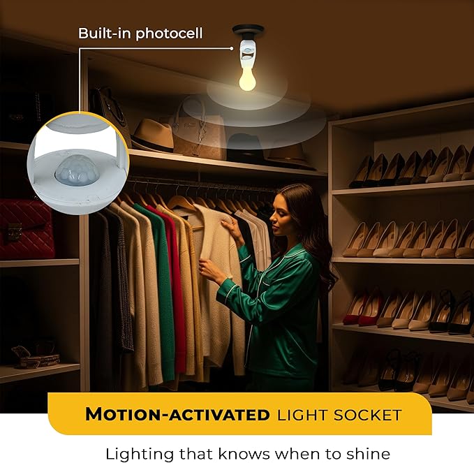 Touch & Glow 360 Motion Sensor Light Socket for Indoor & Outdoor - Energy Efficient Socket Adapter for Garage, Basement, Kitchen, Storage Room - Smart Motion Detector - Motion Activated Light Adapter
