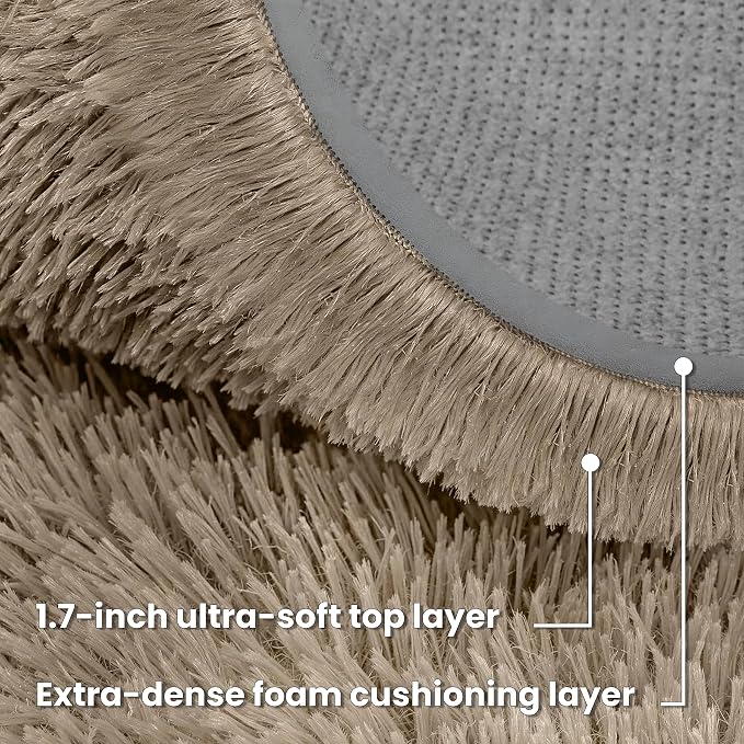 Grey Camel Round Fluffy Rug 6ft Plush Fuzzy Shaggy Carpet | Soft Rugs - Image 7