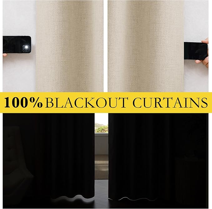 NICETOWN Cream Thick Linen Blend 100% Blackout Curtains 63" Long 2 Panels Set - Image 3