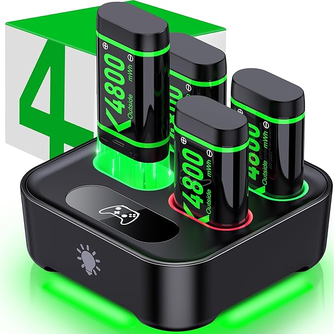 DINOSTRIKE Charger with 4x4800mWh Rechargeable Battery Pack for Xbox One/Xbox Series X|S Controllers, X-Series X Controller Battery Charging Station for X1/ S/X/Elite(4 Packs)
