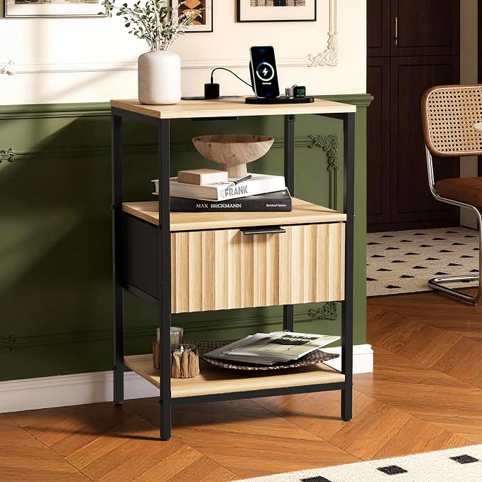 VINGLI Night Stand with Charging Station and Fabric Drawer, Fluted Nightstand - Image 9