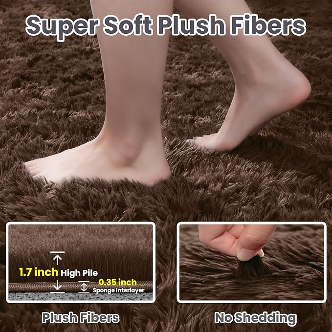 6x9 Fluffy Shag Area Rugs for Living Room Bedroom: Soft Plush Carpet Brown | - Image 5
