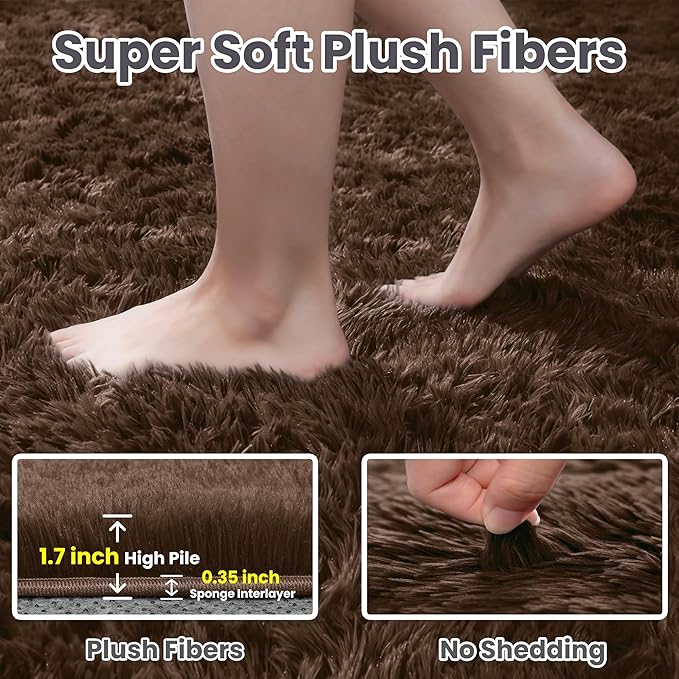 8x10 Fluffy Shag Area Rugs for Living Room Bedroom: Soft Plush Carpet Brown | - Image 5