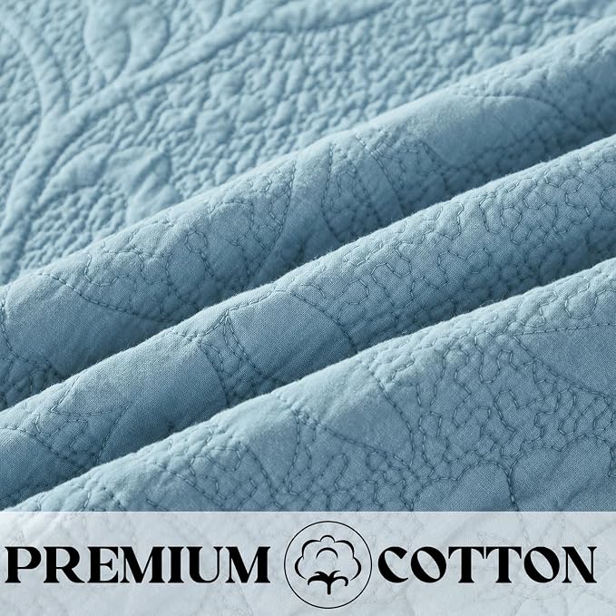 Brandream Luxury 100% Cotton Quilt Set King Size Blue Floral Vine Matelasse - Image 4