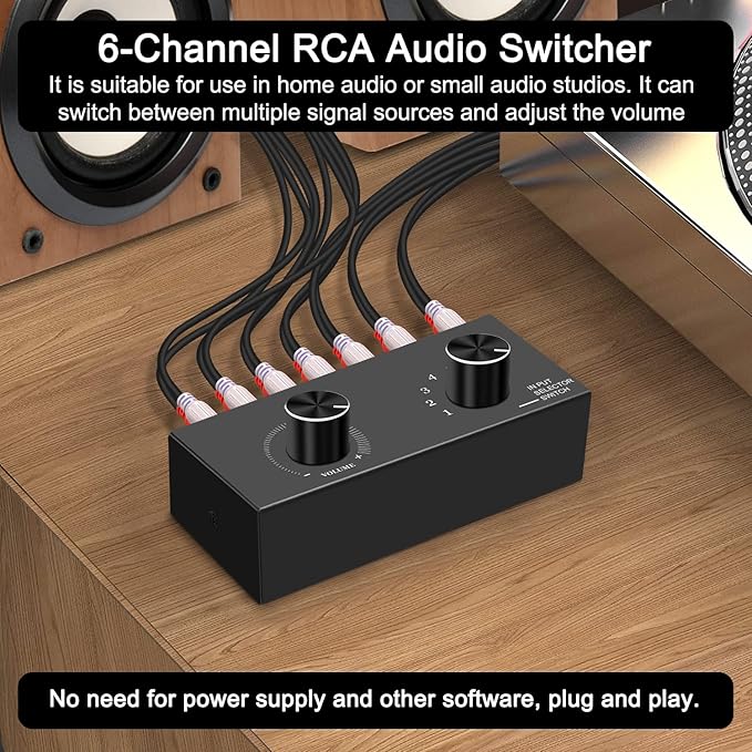 6-Way Audio Switcher, Right and Left Channel Stereo Audio Switcher, Plug & Play Compatible with TV, Blu -Ray Player, DVD Player, CD, Amplifier, Speaker (6 in-1 Out)