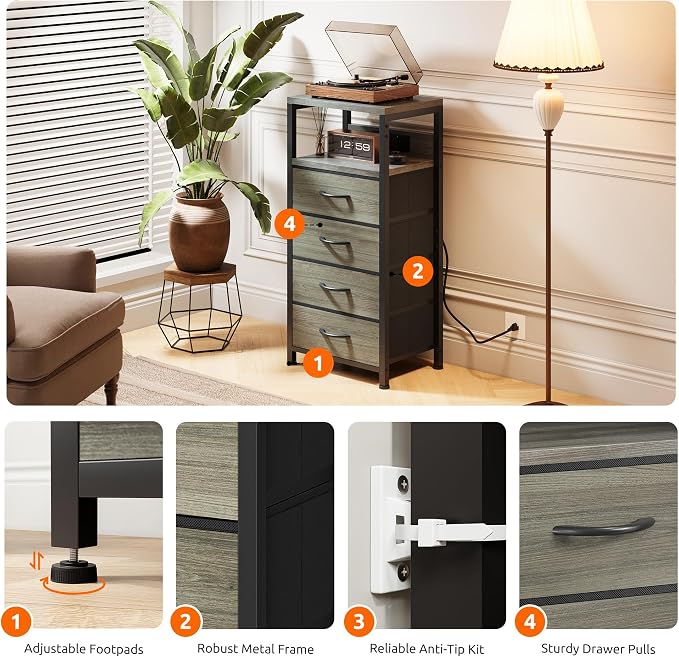 Lazzanto Night Stand with Charger Station, 4 Fabric Drawers, Bedside Table - Image 7