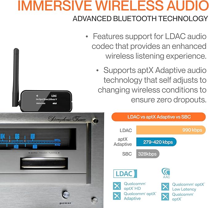 Auris Blume Pro HiFi Bluetooth 5.3 Music Receiver Long Range Bluetooth Adapter with Audiophile DAC, LDAC, aptX HD, OLED Display & Optical Coaxial AUX Output for Home Stereo, AV Receiver or Amplifier