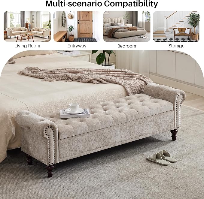 SOFTHION 67" Storage Bench for Bedroom, Chenille Upholstered, Light Brown | - Image 8