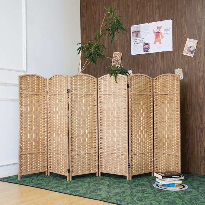 6-Panel Short Room Divider, 3.9 ft Freestanding Partition Wall, Light Brown - Image 3