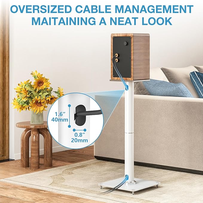 YOMT Universal Speaker Stands Pair for Surround Sound, 28 Inch Floor Speaker Stands with Cable Management Holds 22lbs Bookshelf Speaker Satellite Speaker, 1 Pair, White