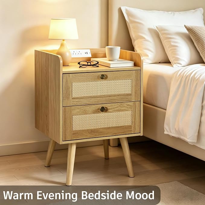 Rattan Nightstands Set of 2, Boho Bedside Table - Image 8
