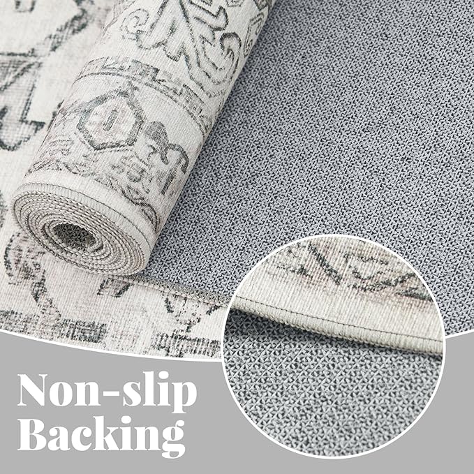 jinchan Lima Kitchen Runner Rug 3x10 - Vintage Floral Machine Washable Non-Slip Hallway Runner Rug with Rubber Backing Ultra-Thin Carpet for Bedroom Laundry Room Farmhouse (3x10ft, Grey)