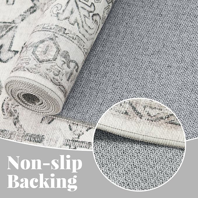 jinchan Lima Kitchen Runner Rug 3x7 - Vintage Floral Machine Washable Non-Slip Hallway Runner Rug with Rubber Backing Ultra-Thin Carpet for Bedroom Laundry Room Farmhouse (3x7ft, Grey)