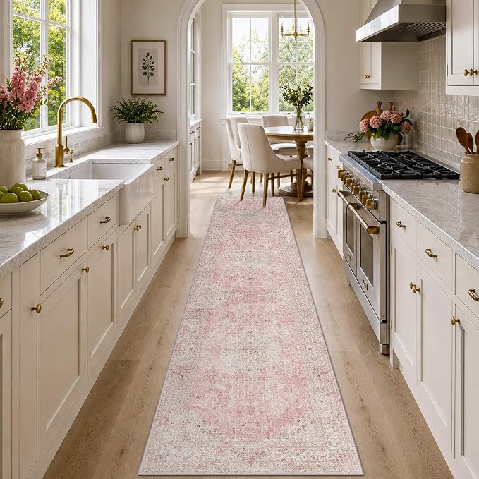 Latte&Fog Hallway Runner Rug 2x10 Non Slip Washable Pink Rugs by LatteFog