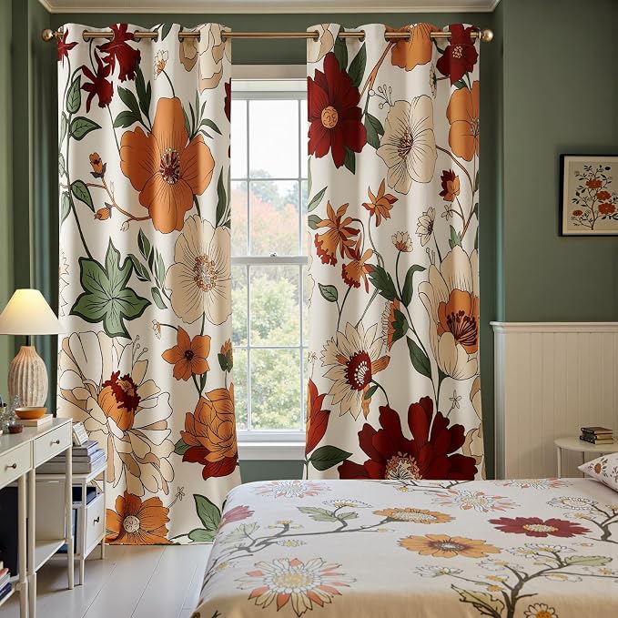 jinchan Beige Boho Floral Blackout Curtains 102 Inch Grommet 2 Panels | Room - Image 2
