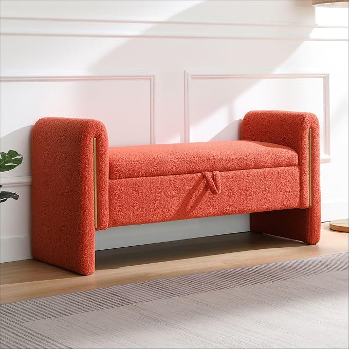 52" Upholstered Storage Bench, Wood Frame | Mid-century storage ottoman bench by CreateYourPerfectSpace