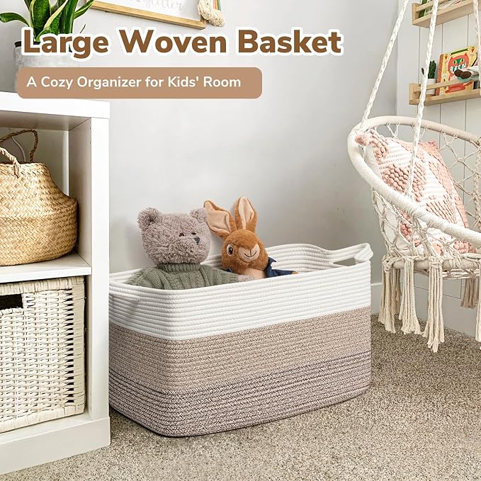 Goodpick Large Woven Rope Blanket Basket, Light Brown | 21.6'' x 14.9'' x - Image 2