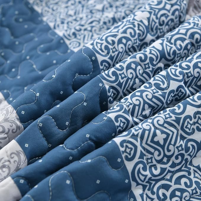 WONGS BEDDING Blue Full Size Quilt Set, Bohemian Striped Bedspreads | - Image 9