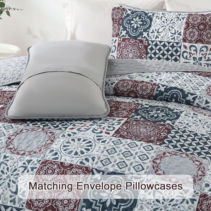 Dobuyly Patchwork Quilt Set Queen Size Boho Plaid Bedspread Red Grey Quilt - Image 6