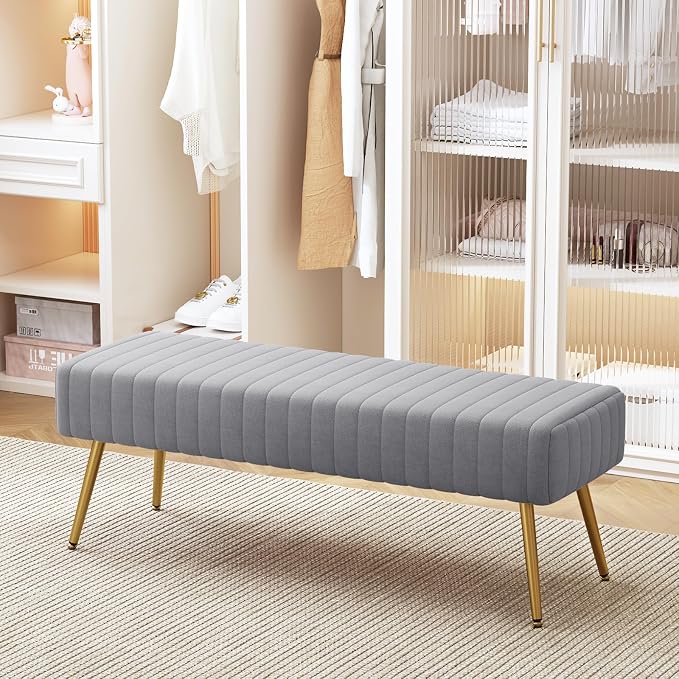 44 Inch Bedroom Benches, Upholstered Tufted Striped Fabric Ottoman Bench - Image 2