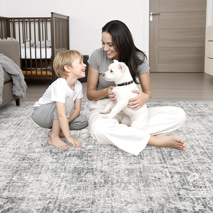 Area Rug Living Room: 5x5 Modern Washable Soft Carpet Black Grey | - Image 2