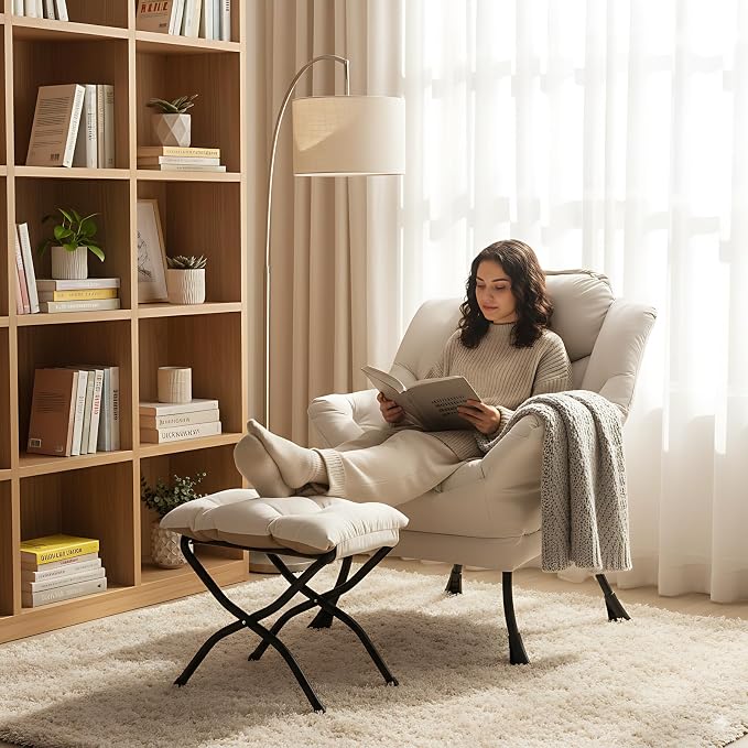 Lazy Chair with Ottoman, Comfy Accent Reading Chair, Removable Cover, with - Image 6