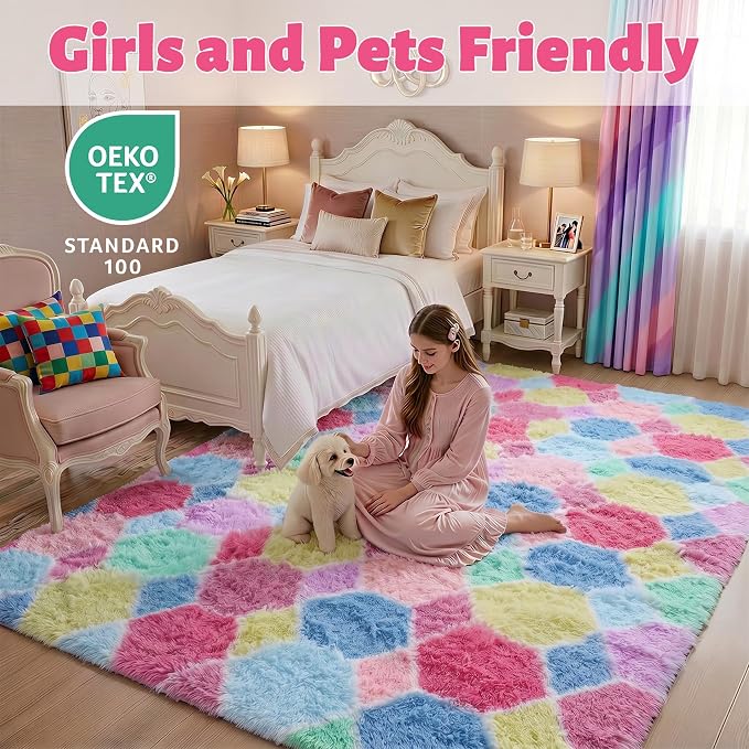 Checkered 6x9 Area Rugs for Living Room, Fluffy Pink Rainbow Colorful Rug for - Image 7