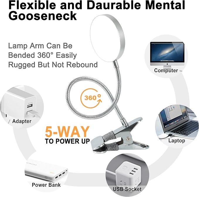 LiFMIRA Clip on Lamp Reading Light 5 Color Modes 10 Brightness 8W Silver | 66 - Image 6