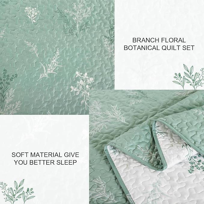 DJY King Size Sage Green Botanical Quilt Set, Floral Bedspread Coverlet | - Image 4